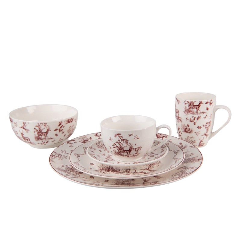 Clayre & Eef Assiette de petit déjeuner Ø 20 cm Beige Rouge Porcelaine Rennes et arbres