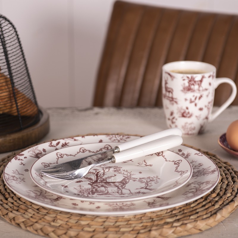 Clayre & Eef Assiette de petit déjeuner Ø 20 cm Beige Rouge Porcelaine Rennes et arbres