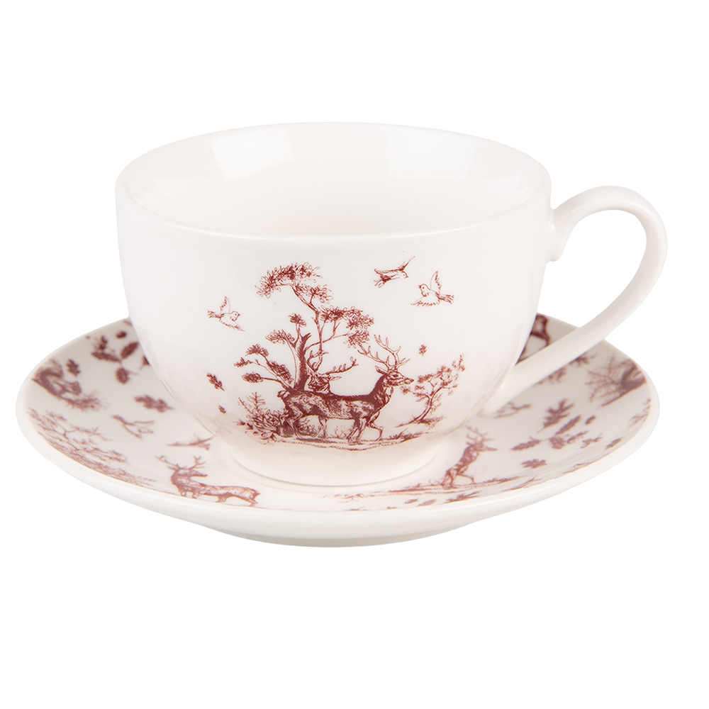 Clayre & Eef Kop en Schotel 200 ml Beige Rood Porselein Rendieren en Bomen afbeelding