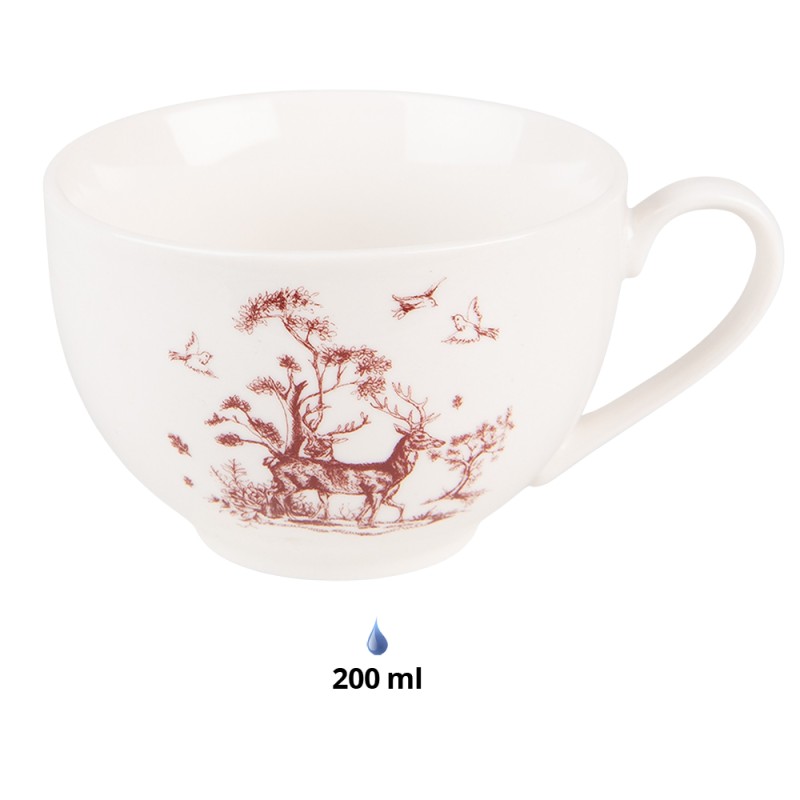 Clayre & Eef Cup and Saucer 200 ml Beige Red Porcelain Reindeer and Trees