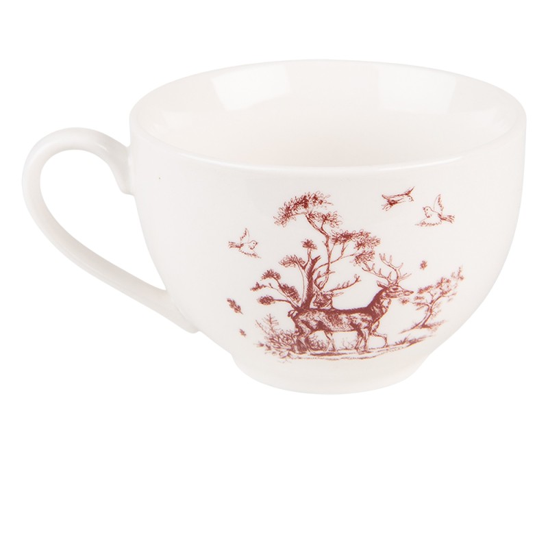 Clayre & Eef Cup and Saucer 200 ml Beige Red Porcelain Reindeer and Trees