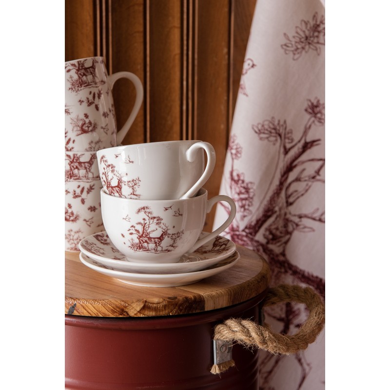 Clayre & Eef Tasse et soucoupe 200 ml Beige Rouge Porcelaine Rennes et arbres