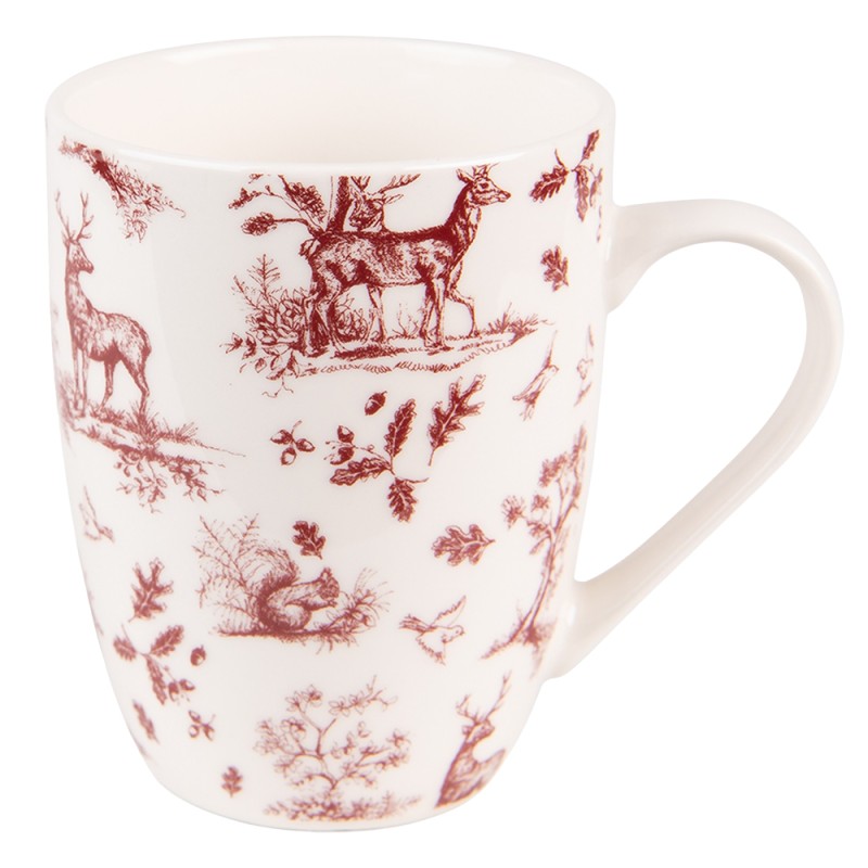 Clayre & Eef Mug 300 ml Beige Red Porcelain Reindeer and Trees