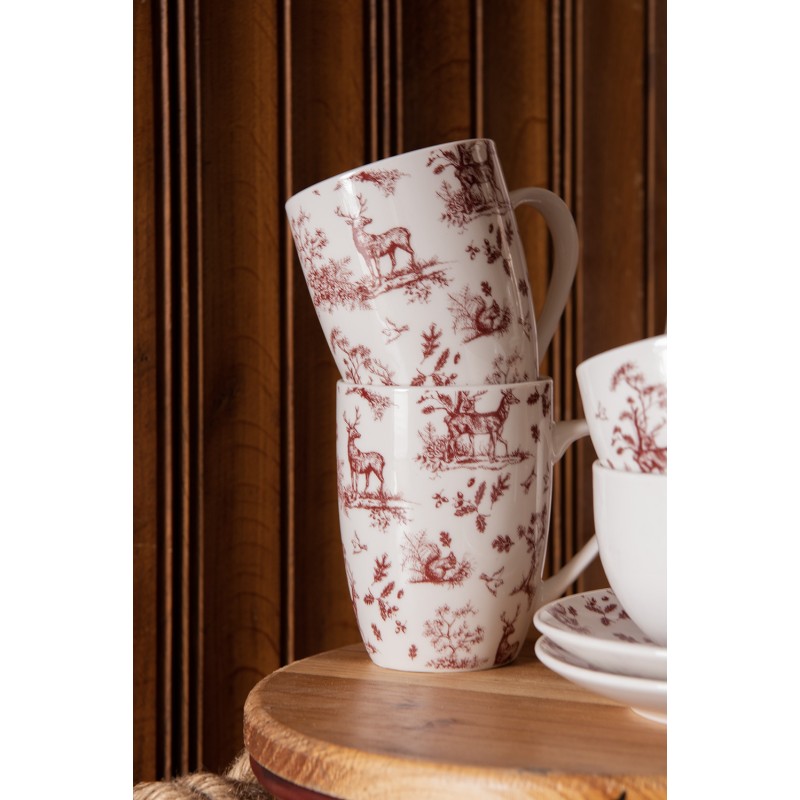 Clayre & Eef Mok  300 ml Beige Rood Porselein Rendieren en bomen
