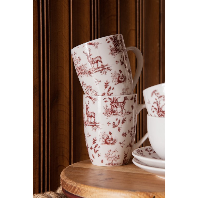 Clayre & Eef Mug 300 ml Beige Rouge Porcelaine Rennes et arbres