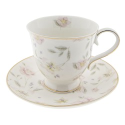 Clayre & Eef Tazza e piattino 220 ml Bianco Rosa  Porcellana Rotondo Fiori
