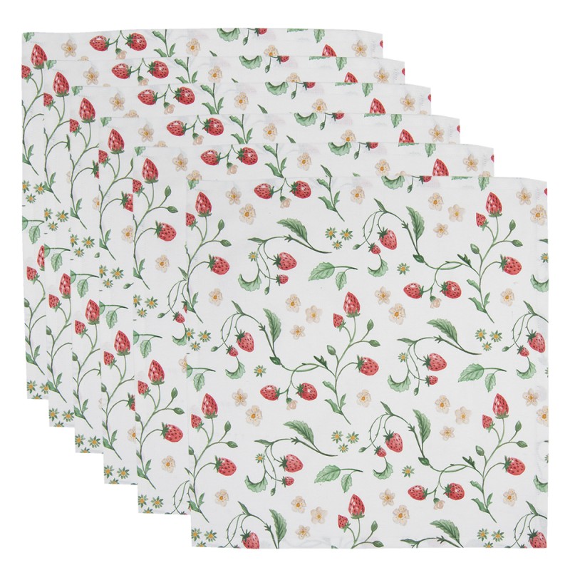 Clayre & Eef Napkins Cotton Set of 6 40x40 cm White Red Cotton Square Strawberries