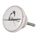Clayre & Eef Door Knob Ø 4 cm White Grey Ceramic Round Bird