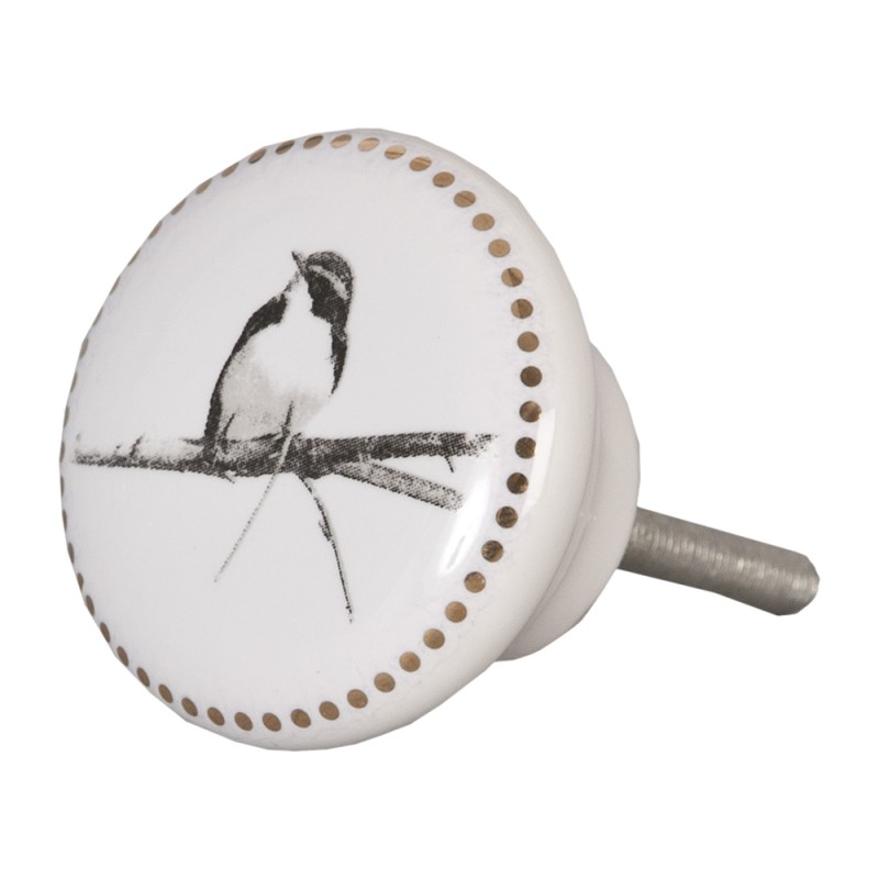 Clayre & Eef Türknauf Ø 4 cm Weiß Grau Keramik Rund Vogel