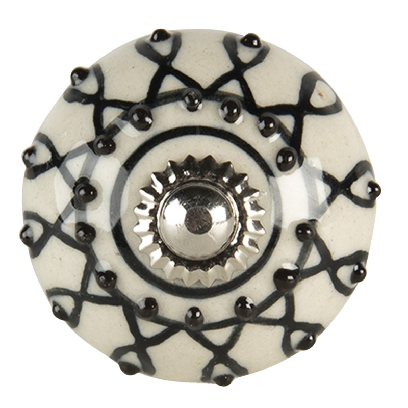 Clayre & Eef Door Knob 4x6 cm White Black Ceramic Round