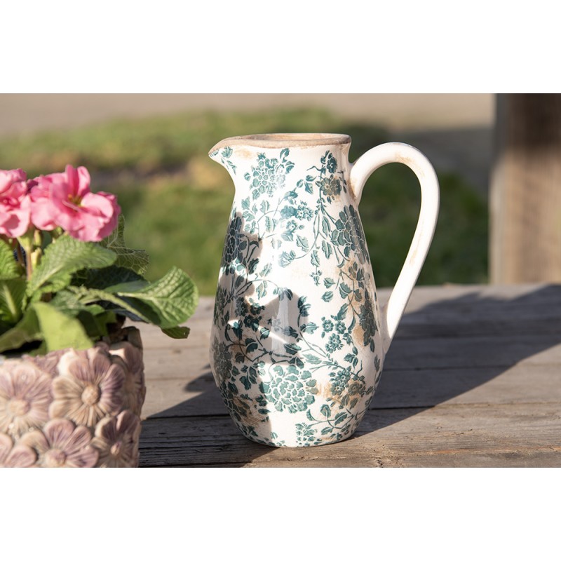 Clayre & Eef Dekorative Kanne 30 cm Grün Beige Keramik Blumen