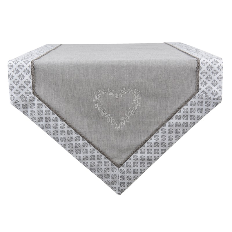 Clayre & Eef Table Runner 50x150 cm Grey White Cotton Hearts Diamonds