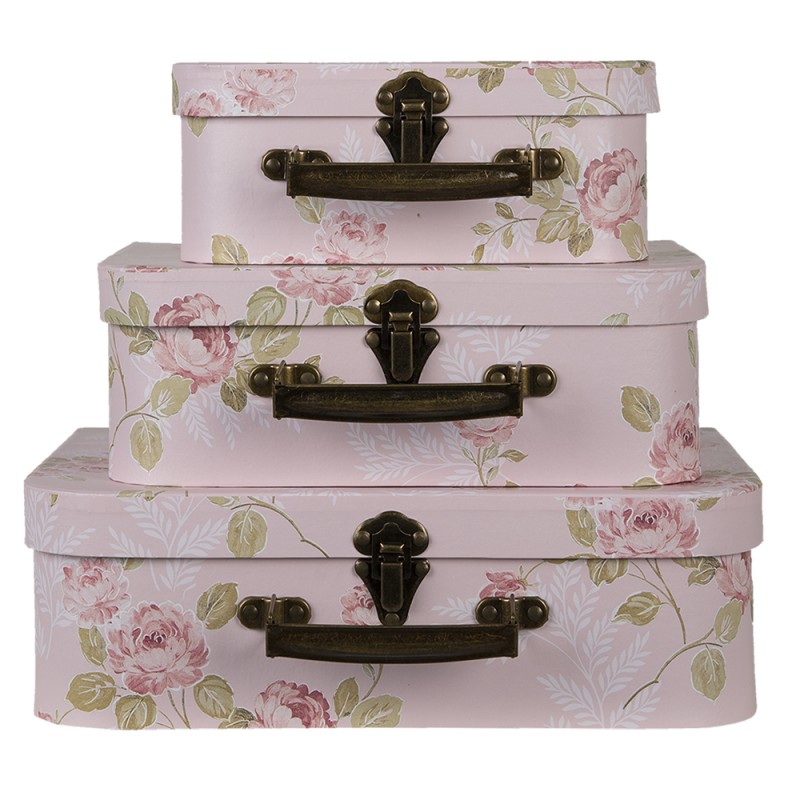 Clayre & Eef Décoration valise set de 3 30x21x9/25x18x9/20x16x8 cm Rose Carton Rectangle Fleurs