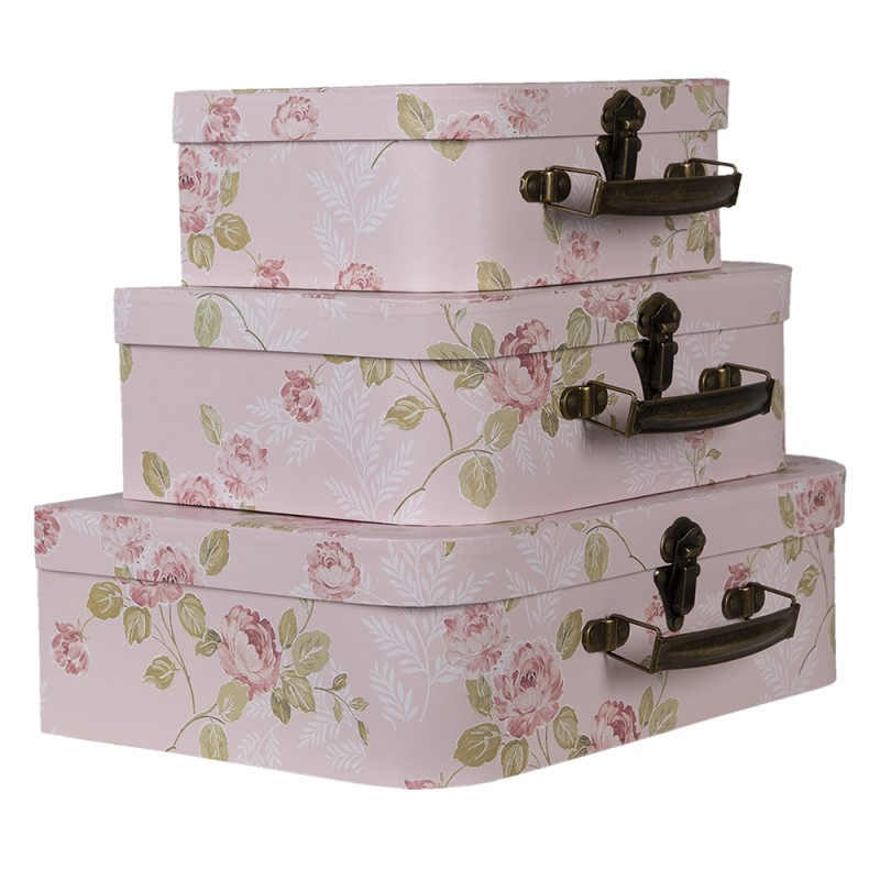 Clayre & Eef Décoration valise set de 3 30x21x9/25x18x9/20x16x8 cm Rose Carton Rectangle Fleurs