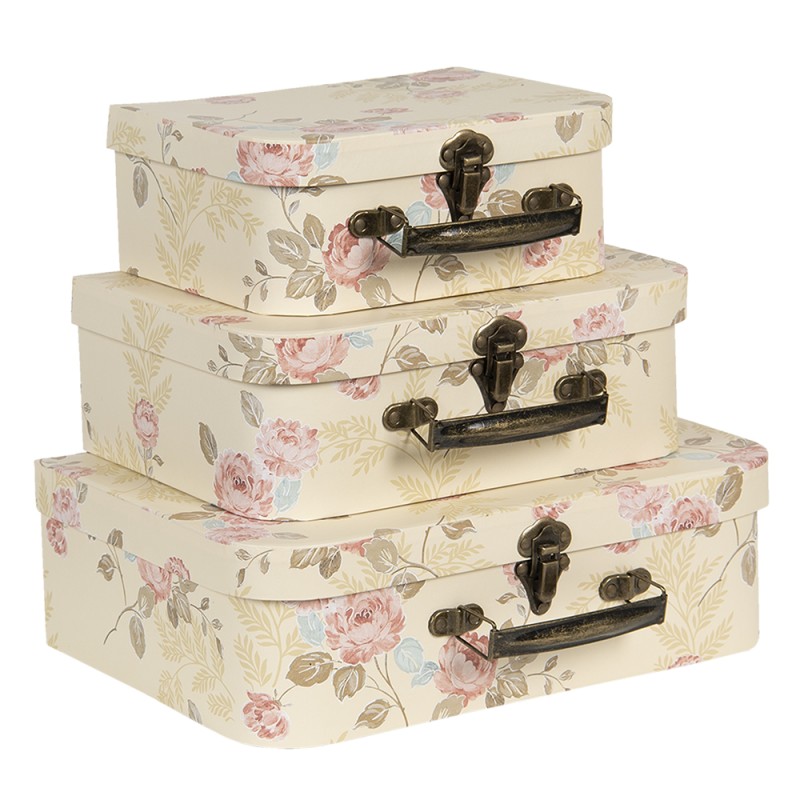 Clayre & Eef Décoration valise set de 3 30x21x9/25x18x9/20x16x8 cm Beige Carton Rectangle Fleurs