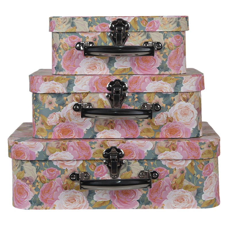 Clayre & Eef Decorative Suitcase Set of 3 30x22x10 cm Pink Green Cardboard Flowers