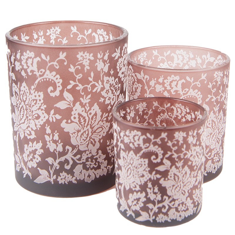 Clayre & Eef Teelichthalter 3er Set Braun Weiß Glas Rund Blumen