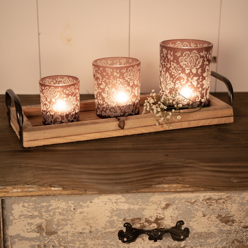 Clayre & Eef Tealight Holder Set of 3 Brown White Glass Round Flowers