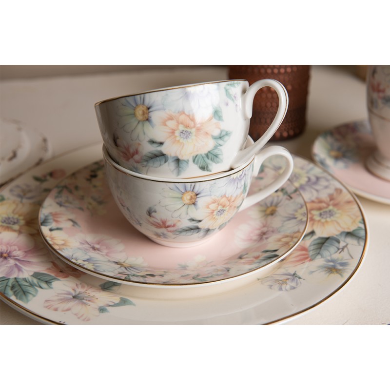 Clayre & Eef Cup and Saucer 250 ml Pink White Porcelain Flowers