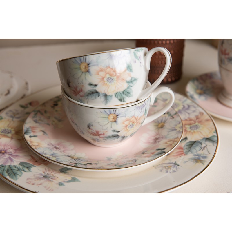 Clayre & Eef Tasse et soucoupe 250 ml Rose Blanc Porcelaine Fleurs