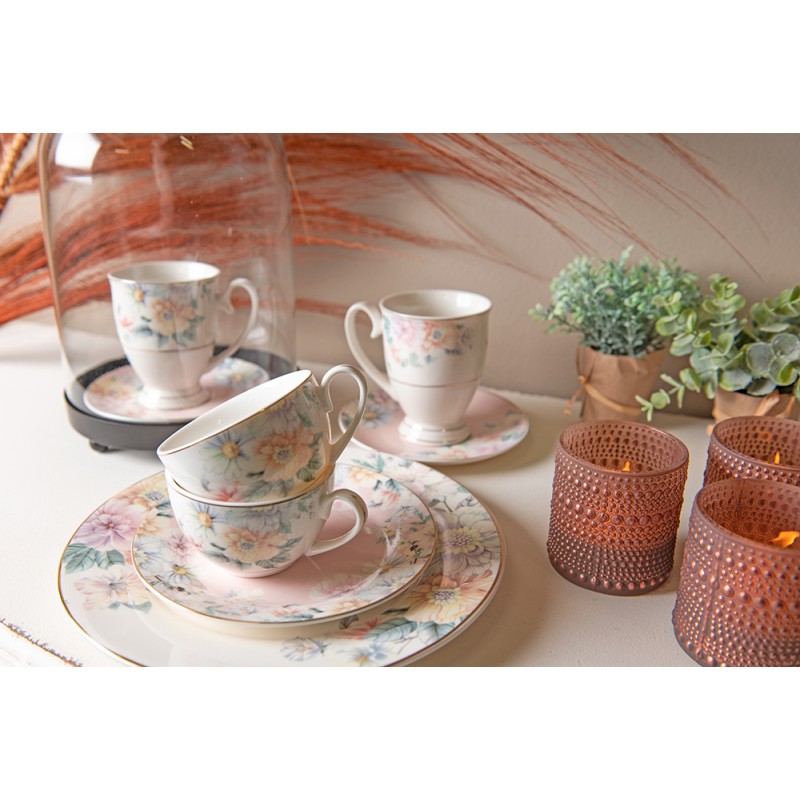 Clayre & Eef Tasse et soucoupe 250 ml Rose Blanc Porcelaine Fleurs