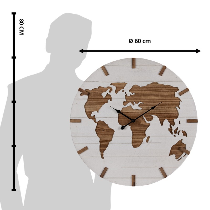 Clayre & Eef Wall Clock Ø 60 cm White Brown MDF World Map