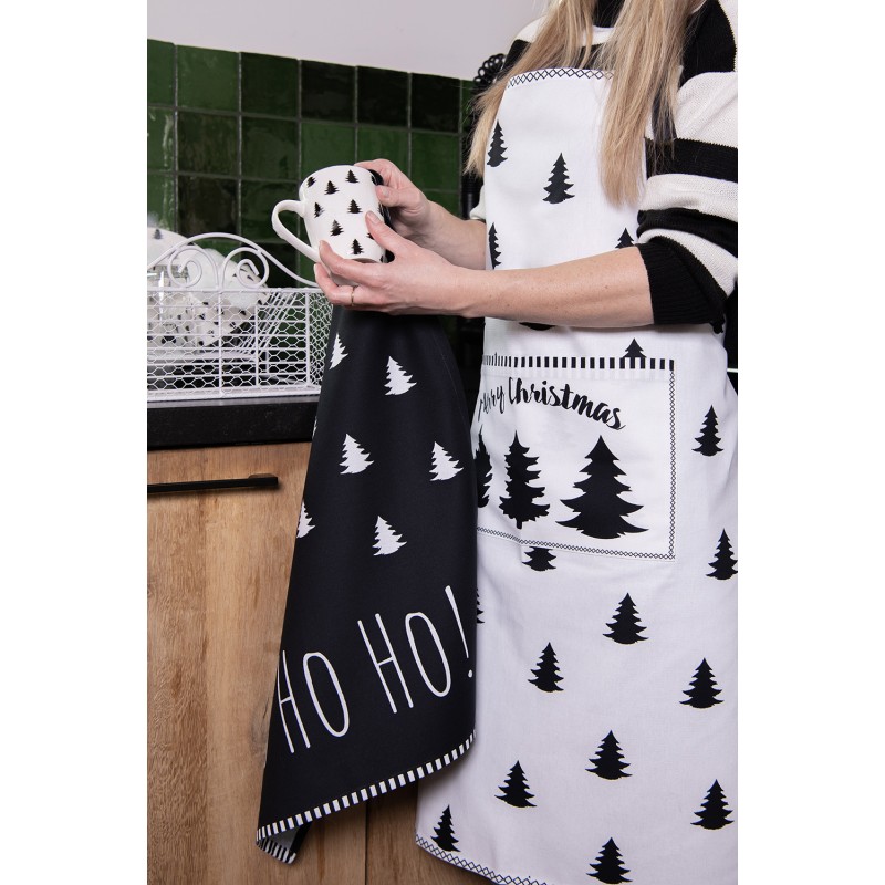 Clayre & Eef Kitchen Apron 70x85 cm White Black Cotton Christmas Tree Merry Christmas