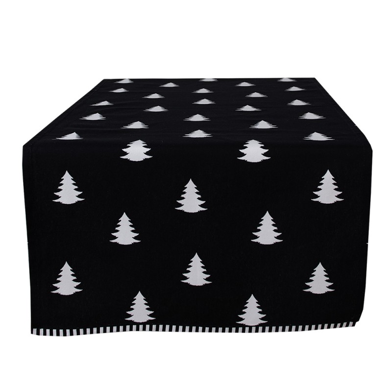 Clayre & Eef Christmas Table Runner 50x140 cm Black White Cotton Rectangle Christmas Trees