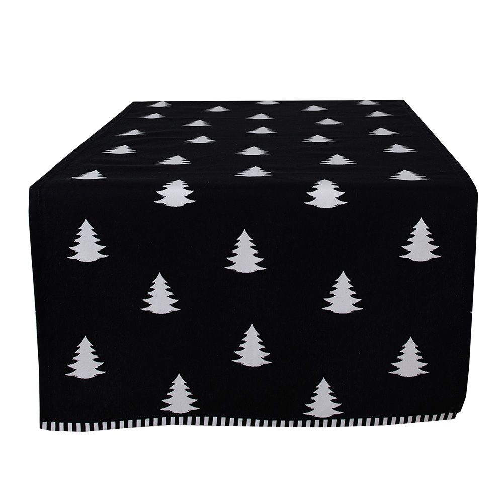 Clayre&Eef Tafelloper Kerst 50x140 cm Zwart Wit Katoen Kerstbomen afbeelding