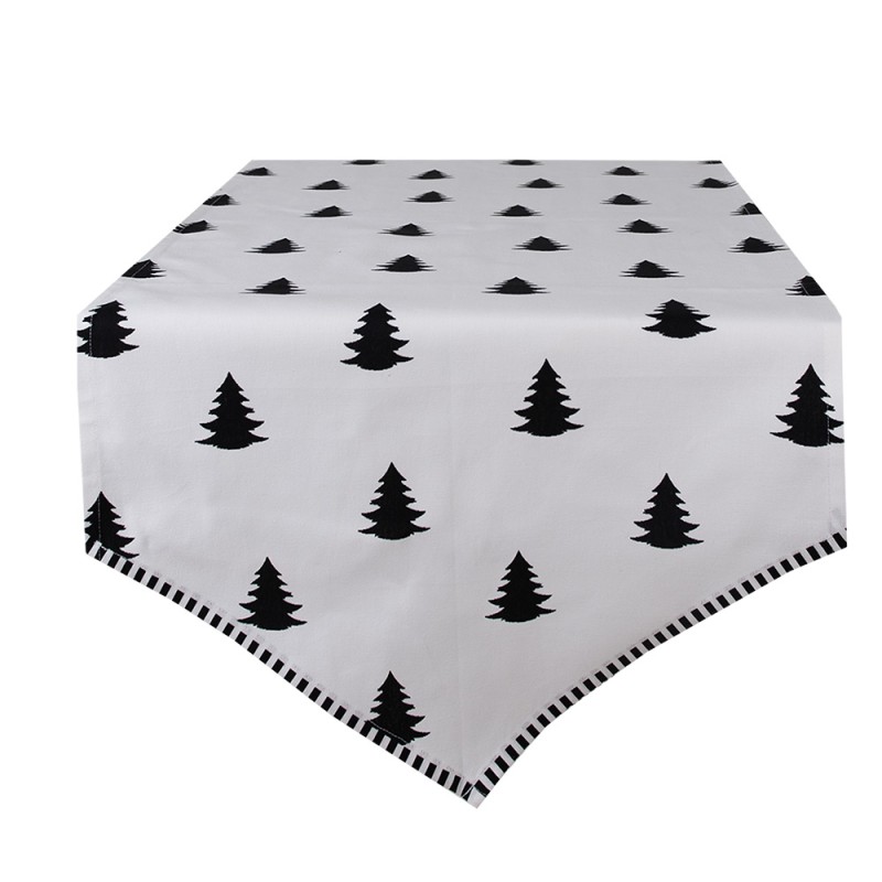 Clayre & Eef Weihnachtlicher Tischläufer 50x160 cm Weiß Schwarz Baumwolle Weihnachtsbäume