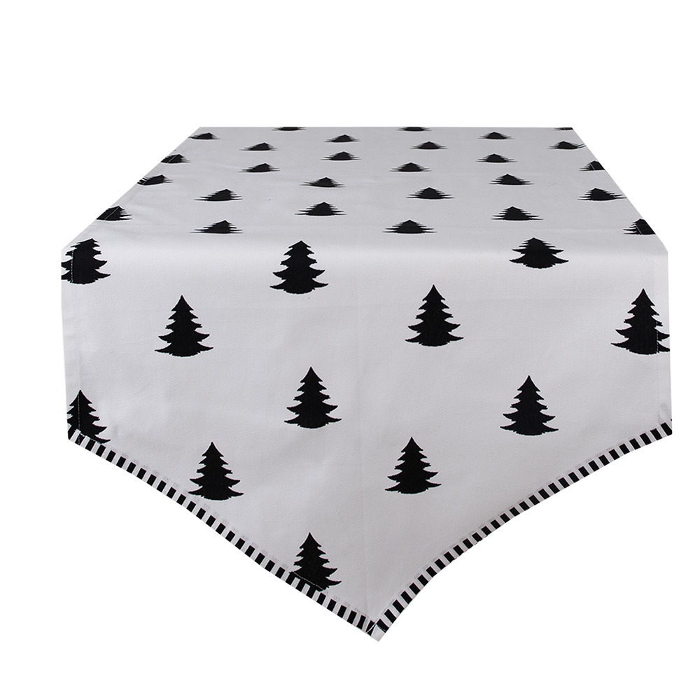 Clayre&Eef Tafelloper Kerst 50x160 cm Wit Zwart Katoen Kerstbomen afbeelding