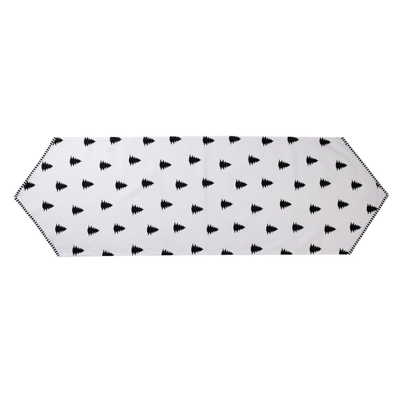 Clayre & Eef Christmas Table Runner 50x160 cm White Black Cotton Christmas Trees