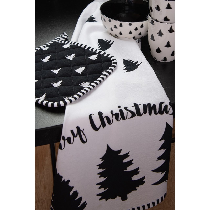 Clayre & Eef Tovaglia da tavolo Natalizia 50x160 cm Bianco Nero Cotone Alberi di Natale