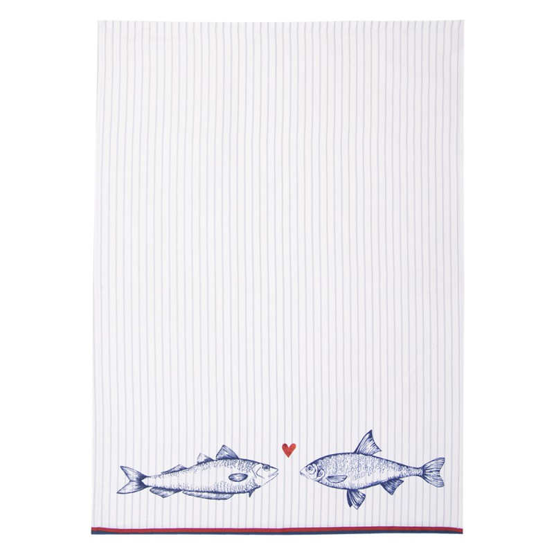 Clayre & Eef Torchon 50x70 cm Blanc Bleu Coton Rectangle Poissons