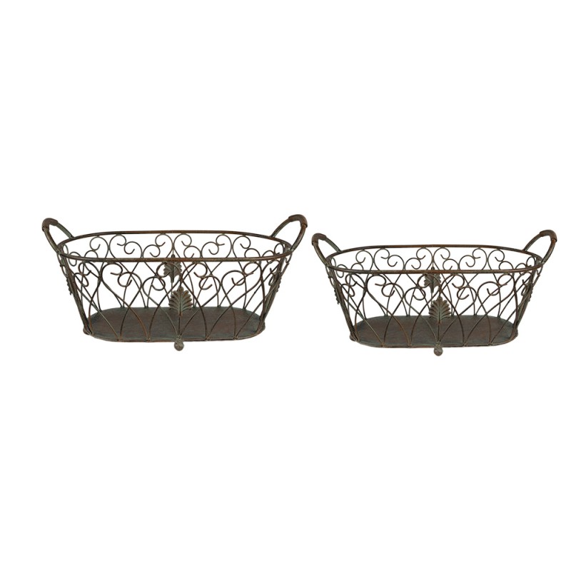 Clayre & Eef Storage Basket Set of 2 60x30x26 / 49x23x22 cm Green Brown Iron