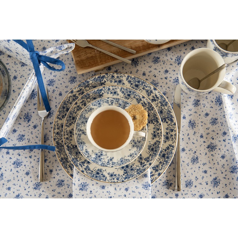 Clayre & Eef Tafelkleed  100x100 cm Wit Blauw Katoen Vierkant Roosjes