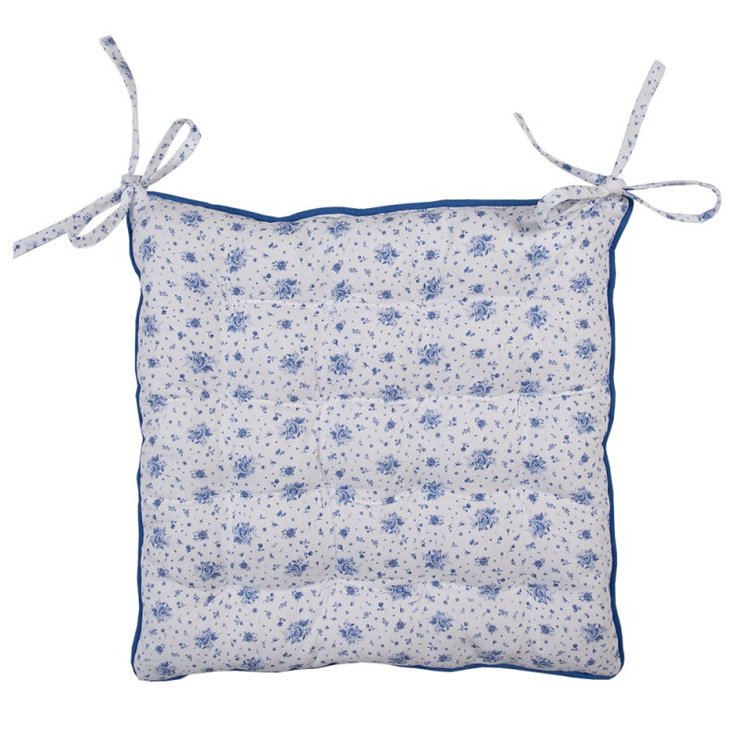 Clayre & Eef Chair Cushion Foam 40x40x4 cm White Blue Cotton Square Roses