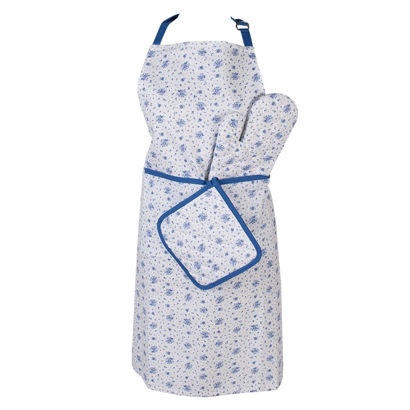 Clayre & Eef Kitchen Apron 70x85 cm White Blue Cotton Roses