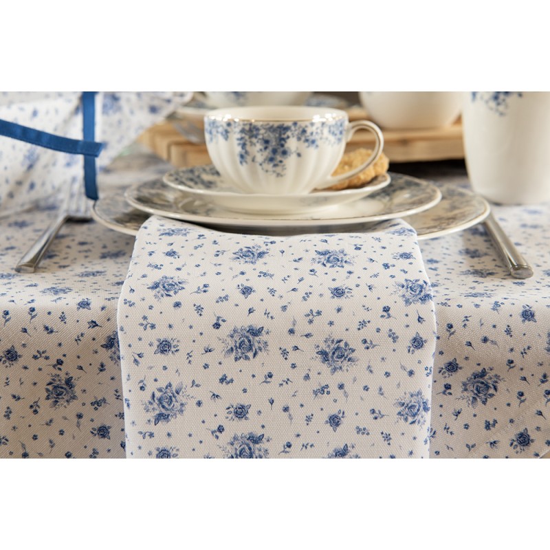 Clayre & Eef Servetten Katoen Set van 6  40x40 cm Wit Blauw Vierkant Roosjes