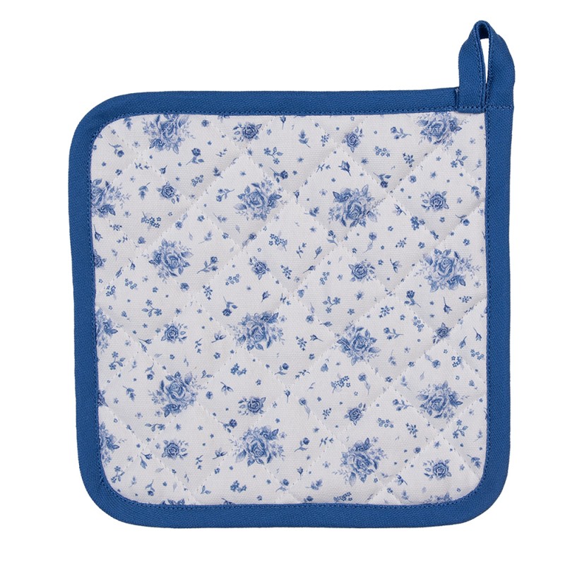 Clayre & Eef Pannenlap  20x20 cm Wit Blauw Katoen Vierkant Roosjes