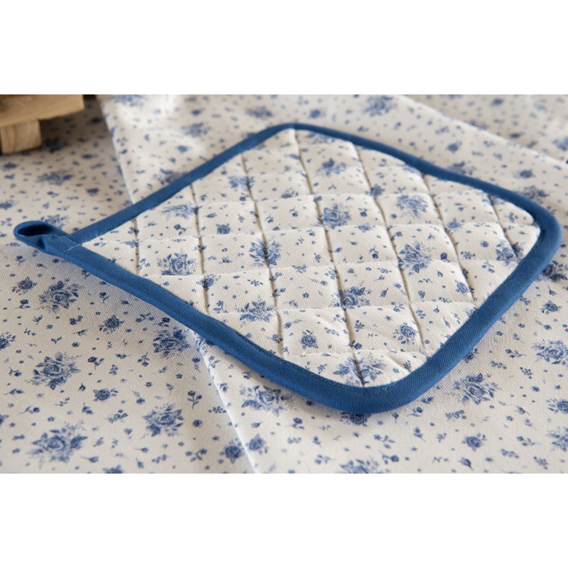 Clayre & Eef Topflappen 20x20 cm Weiß Blau Baumwolle Quadrat Rosen