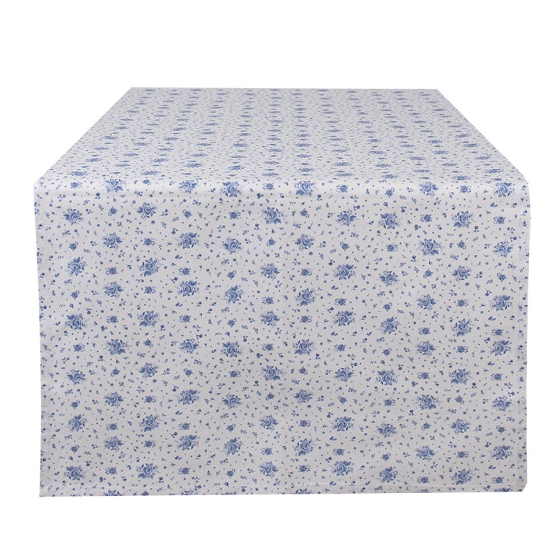 Clayre & Eef Tischläufer 50x140 cm Weiß Blau Baumwolle Rechteck Rosen