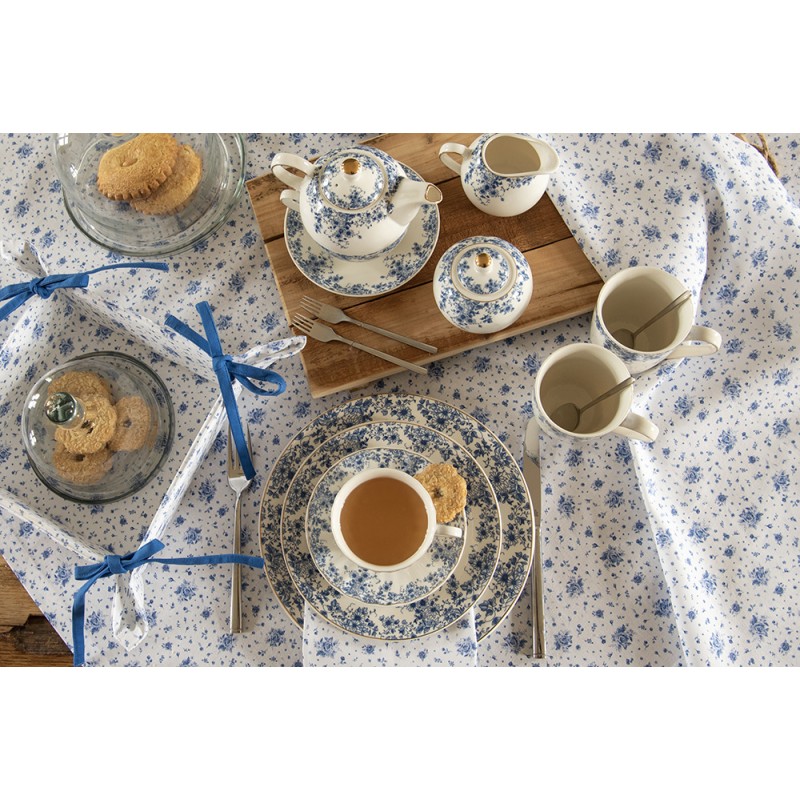 Clayre & Eef Chemin de table 50x140 cm Blanc Bleu Coton Rectangle Roses