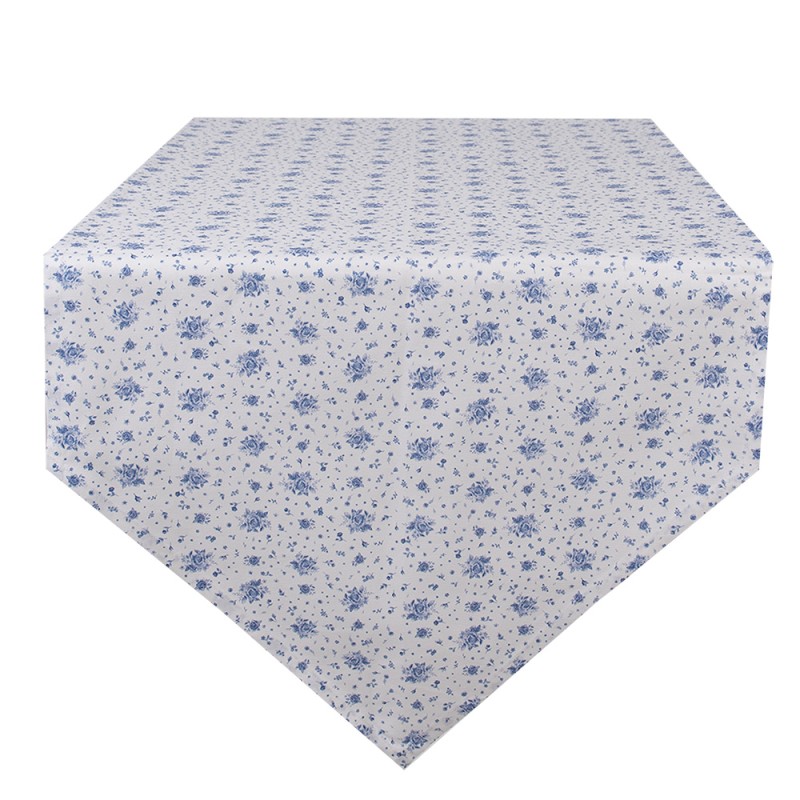 Clayre & Eef Chemin de table 50x160 cm Blanc Bleu Coton Rectangle Roses