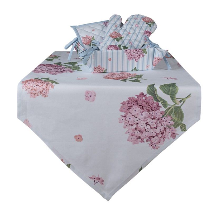 Clayre & Eef Table Runner 50x160 cm Blue Pink Cotton Rectangle Hydrangea