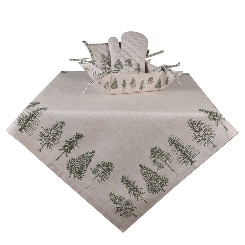 Clayre & Eef Tablecloth 150x250 cm Beige Green Cotton Rectangle Pine Trees