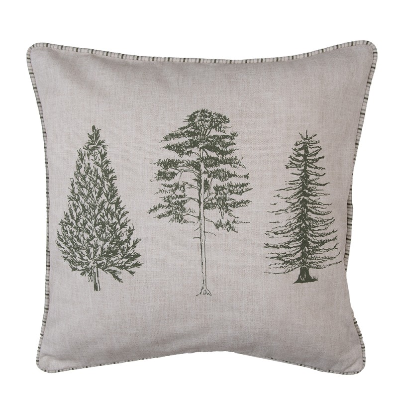 Clayre & Eef Cushion Cover 40x40 cm Beige Green Cotton Square Pine Trees