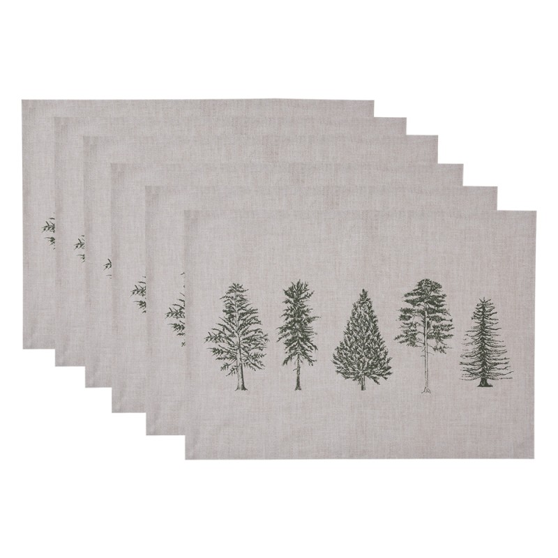 Clayre & Eef Placemats Set van 6  50x35 cm Beige Groen Katoen Rechthoek Dennenbomen