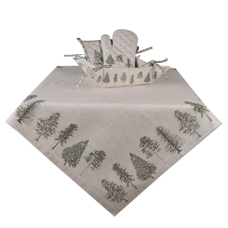 Clayre & Eef Corbeille à pain 35x35x8 cm Beige Vert Coton Sapins