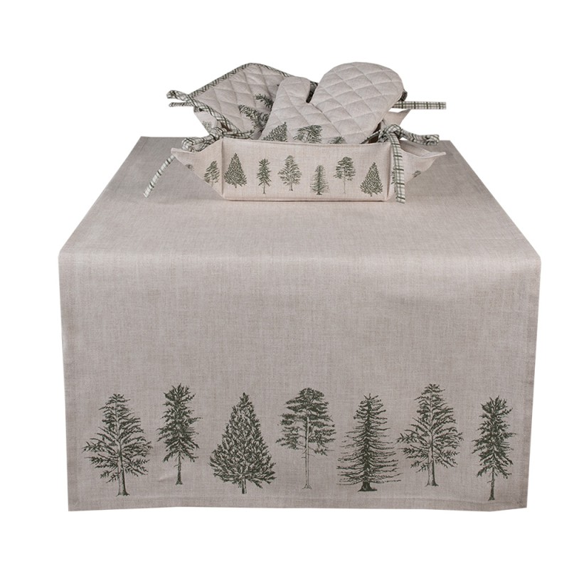 Clayre & Eef Table Runner 50x140 cm Beige Green Cotton Rectangle Pine Trees